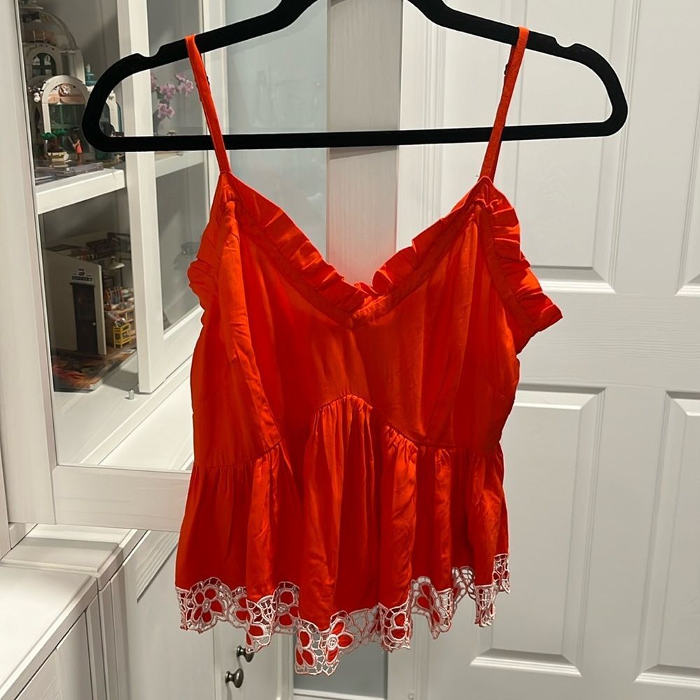 CLEOBELLA Red Peplum Ruffle Neckline, White Floral Trimmed Tank Top, Size XS